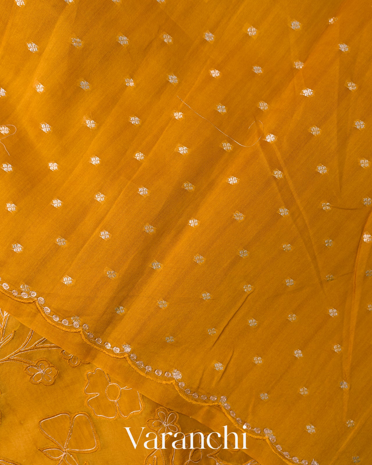 Mustard Yellow Floral Applique Pure Kora Silk Saree