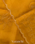 Mustard Yellow Floral Applique Pure Kora Silk Saree
