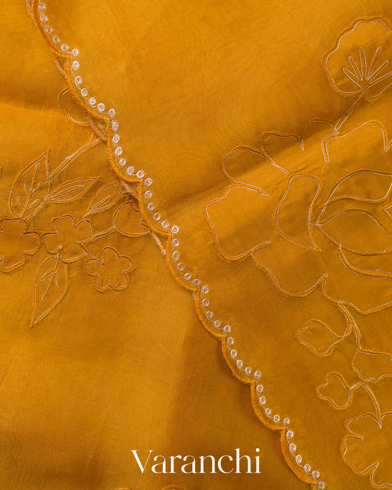 Mustard Yellow Floral Applique Pure Kora Silk Saree