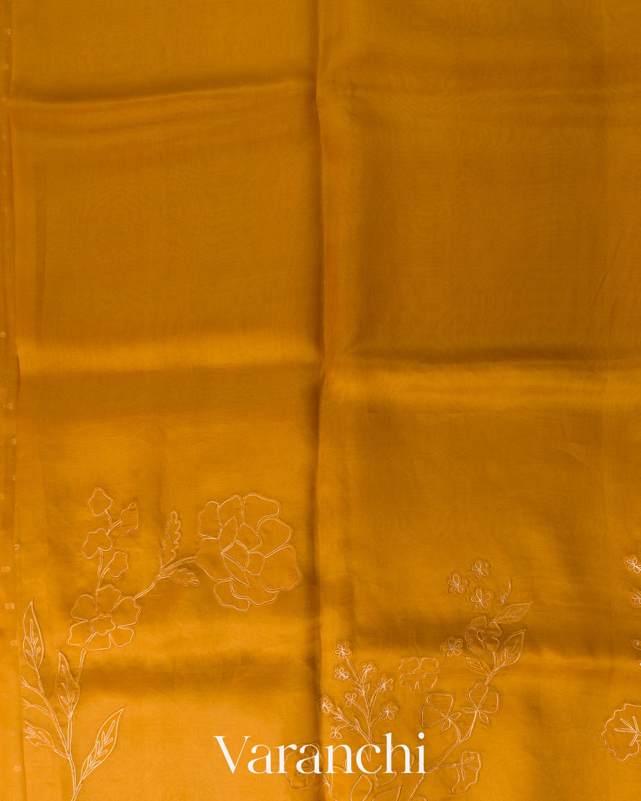 Mustard Yellow Floral Applique Pure Kora Silk Saree
