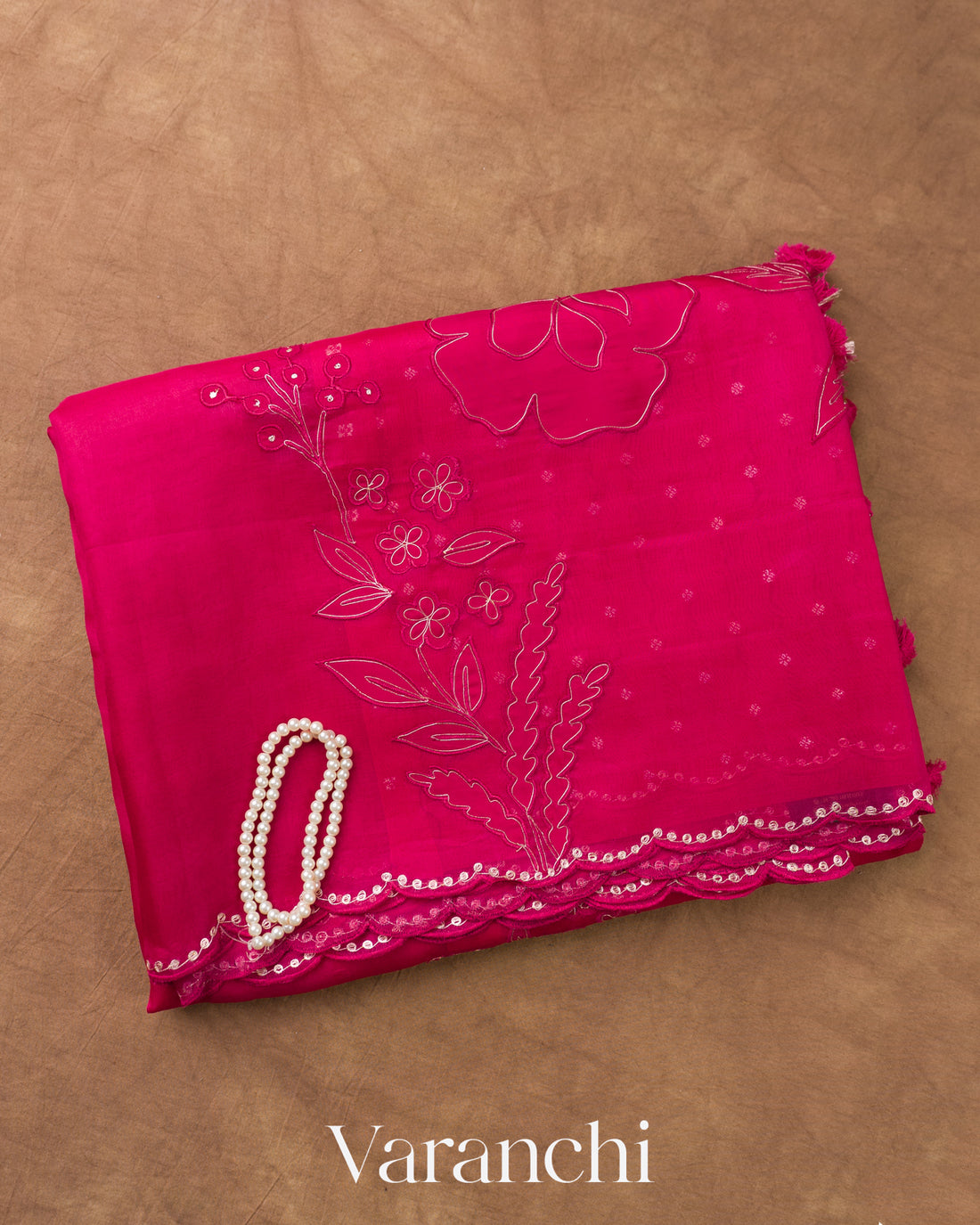 Rani Pink Floral Applique Pure Kora Silk Saree