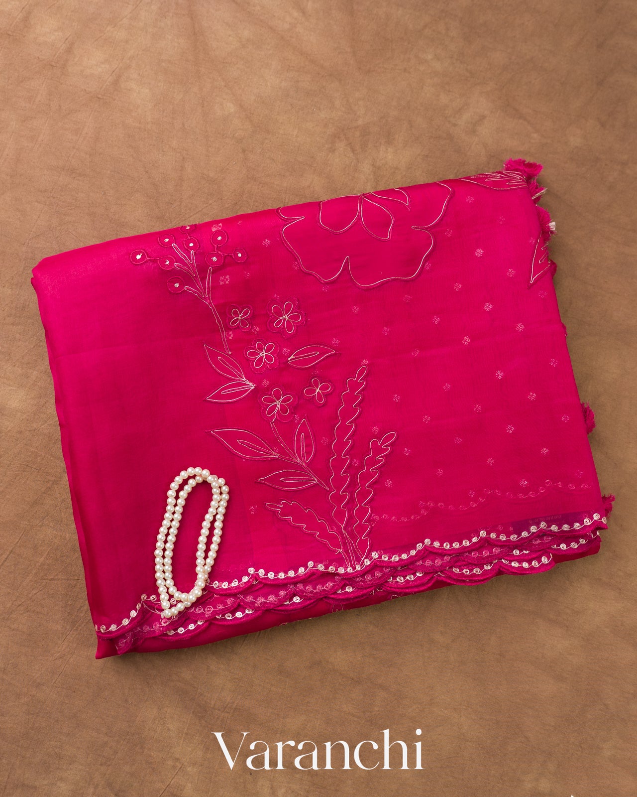 Rani Pink Floral Applique Pure Kora Silk Saree
