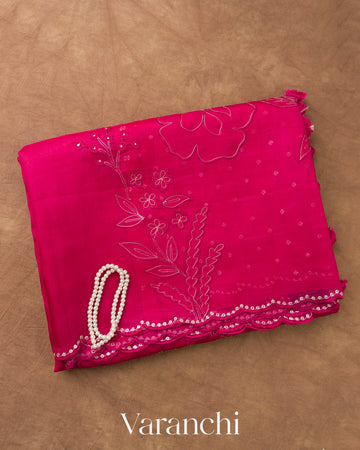 Rani Pink Floral Applique Pure Kora Silk Saree