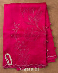 Rani Pink Floral Applique Pure Kora Silk Saree