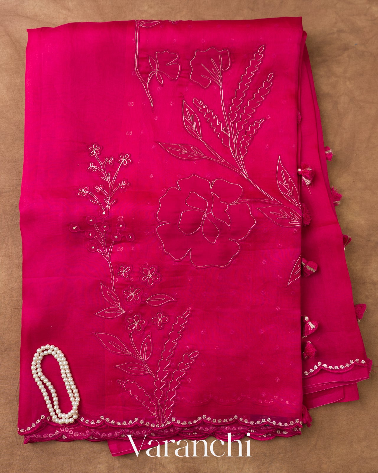 Rani Pink Floral Applique Pure Kora Silk Saree