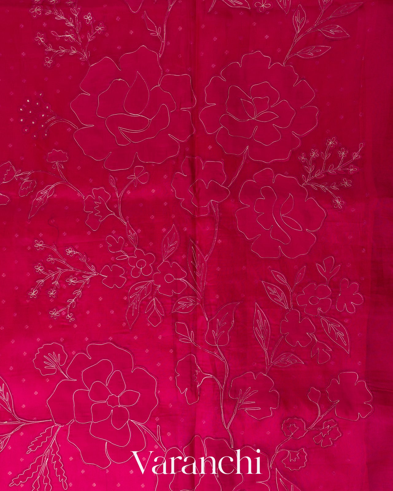 Rani Pink Floral Applique Pure Kora Silk Saree