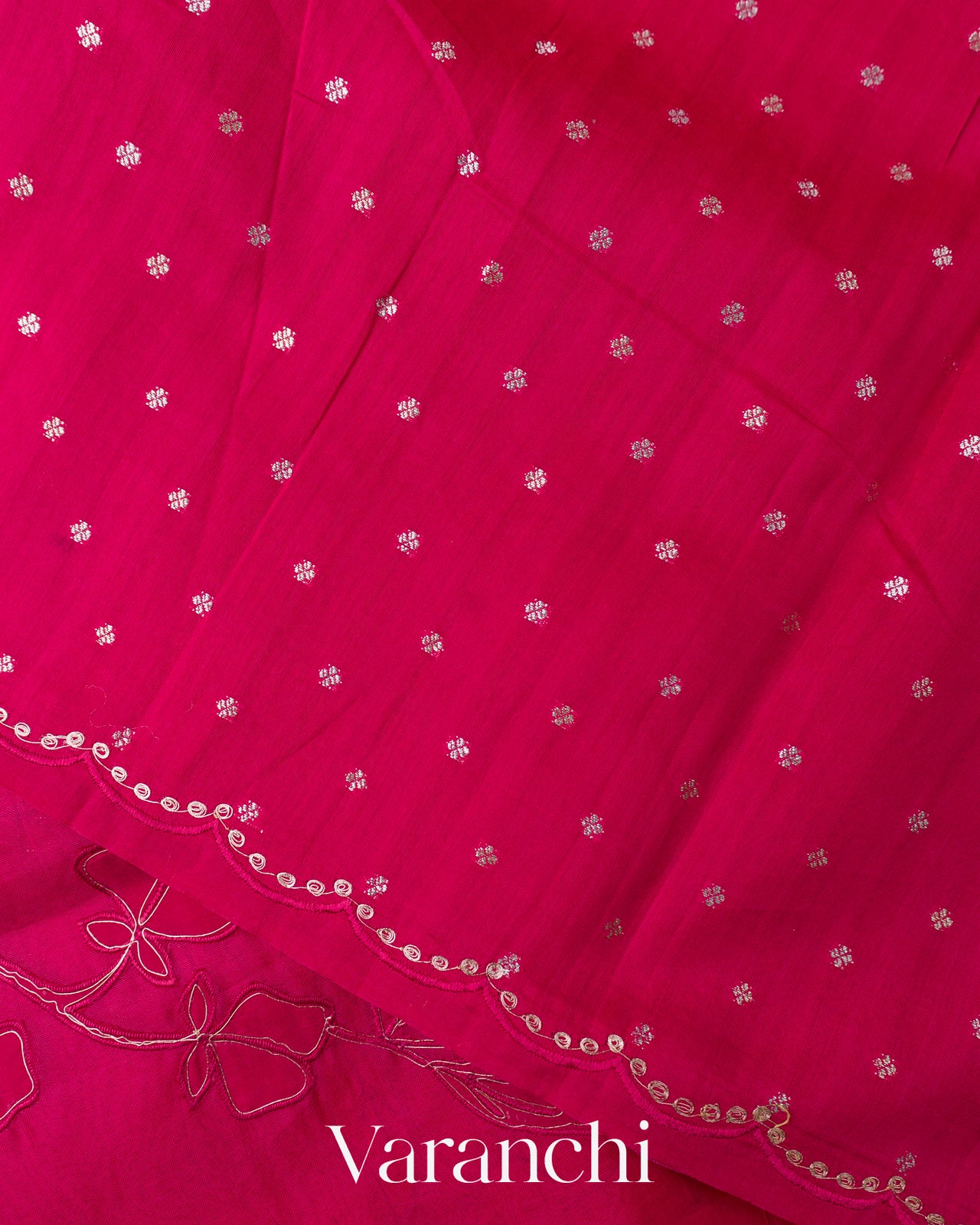 Rani Pink Floral Applique Pure Kora Silk Saree