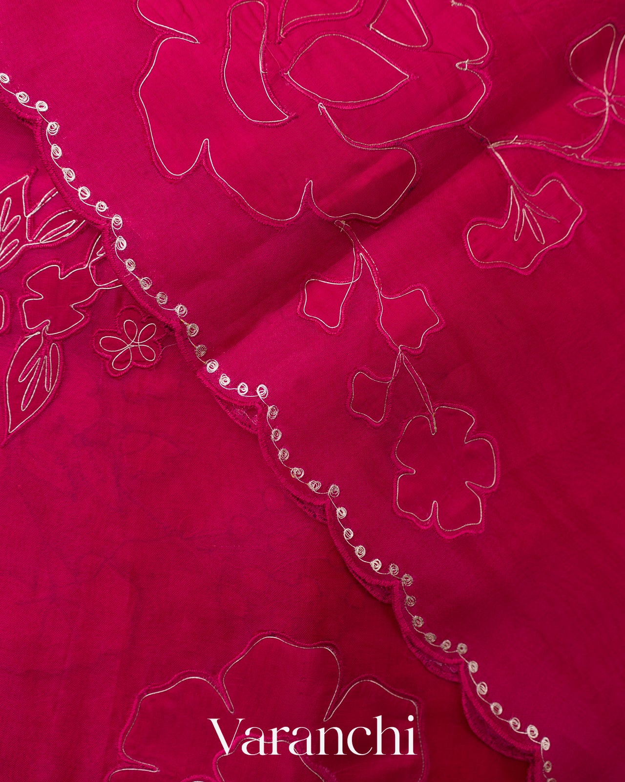 Rani Pink Floral Applique Pure Kora Silk Saree