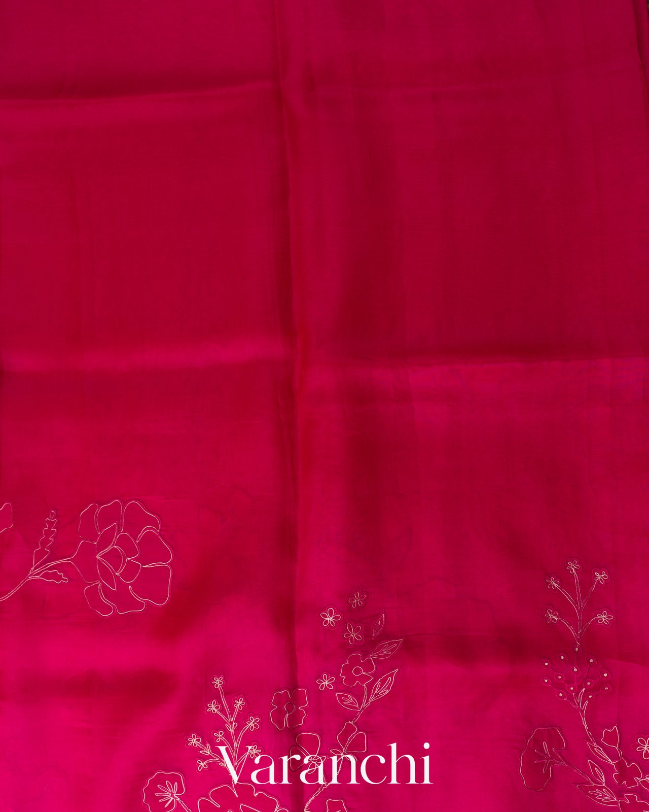 Rani Pink Floral Applique Pure Kora Silk Saree