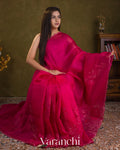 Rani Pink Floral Applique Pure Kora Silk Saree