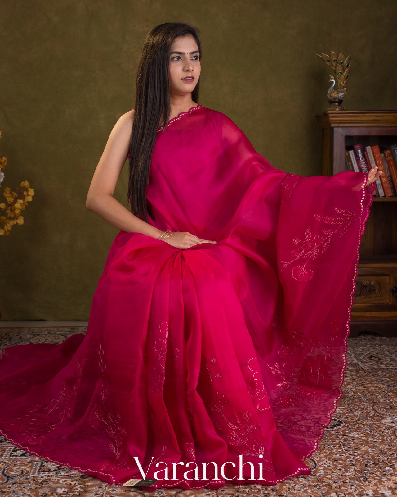 Rani Pink Floral Applique Pure Kora Silk Saree