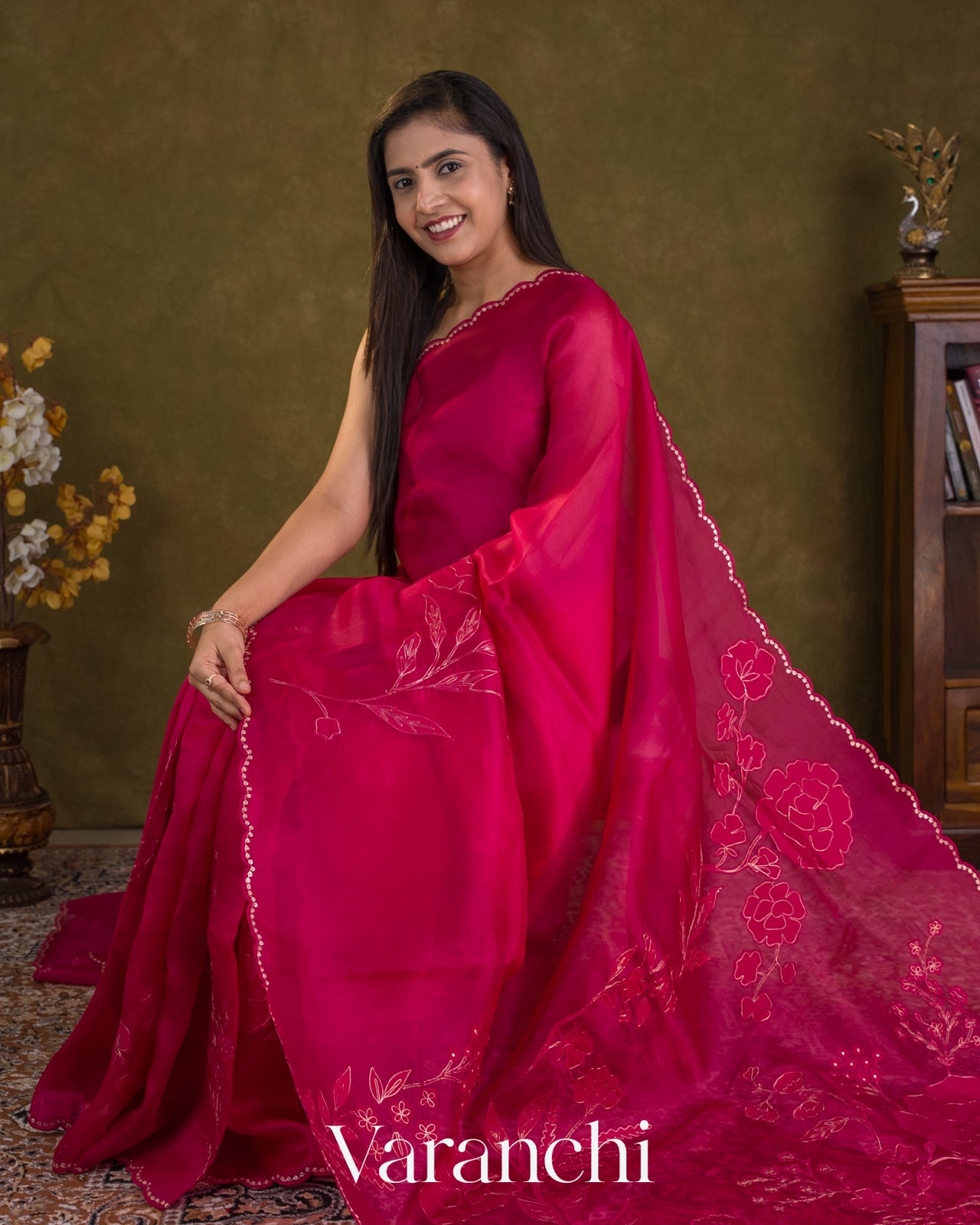 Rani Pink Floral Applique Pure Kora Silk Saree