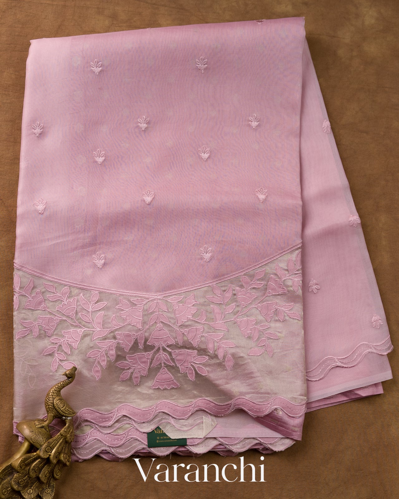 Dusty Rose Applique Pure Kora Silk Saree
