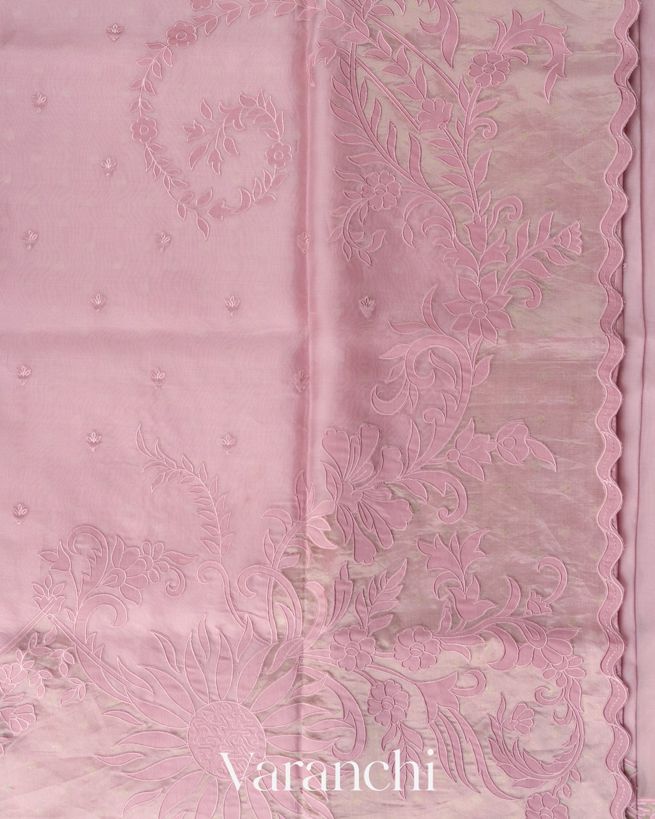 Dusty Rose Applique Pure Kora Silk Saree