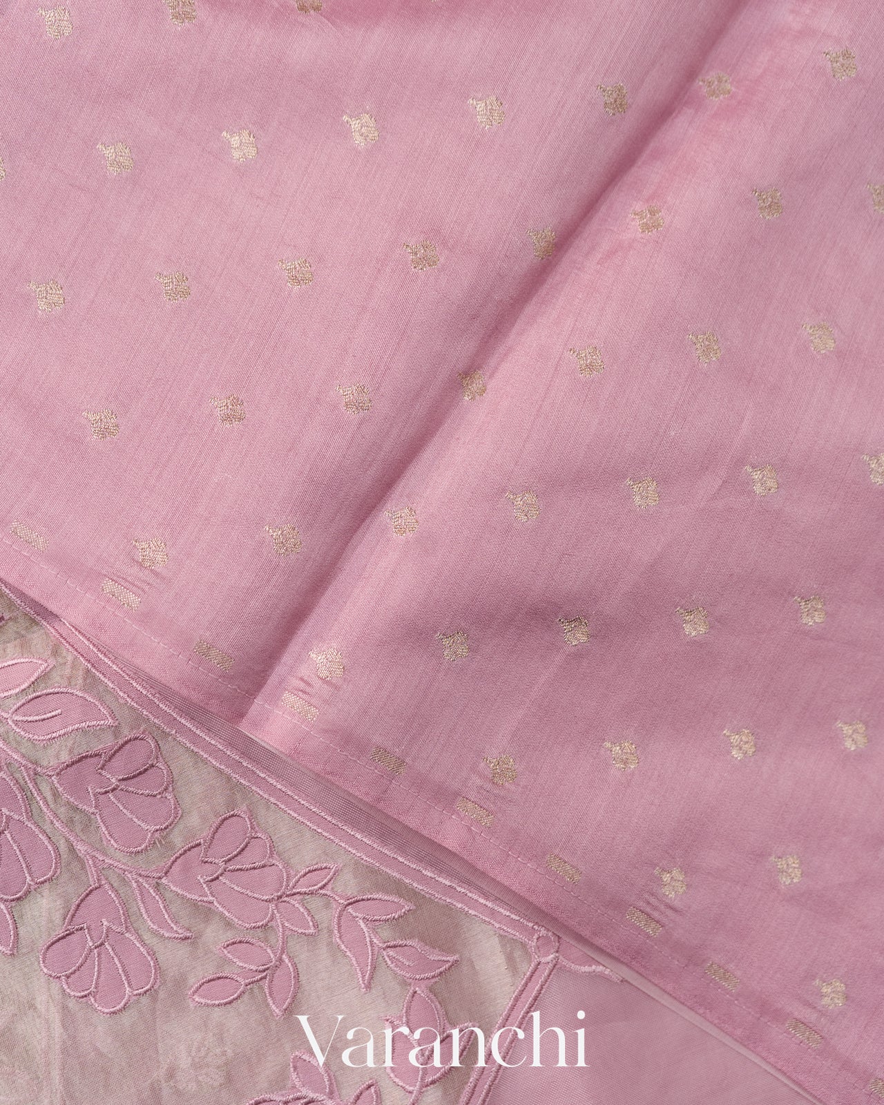 Dusty Rose Applique Pure Kora Silk Saree