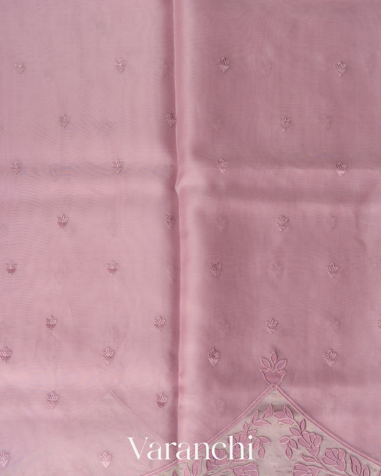 Dusty Rose Applique Pure Kora Silk Saree
