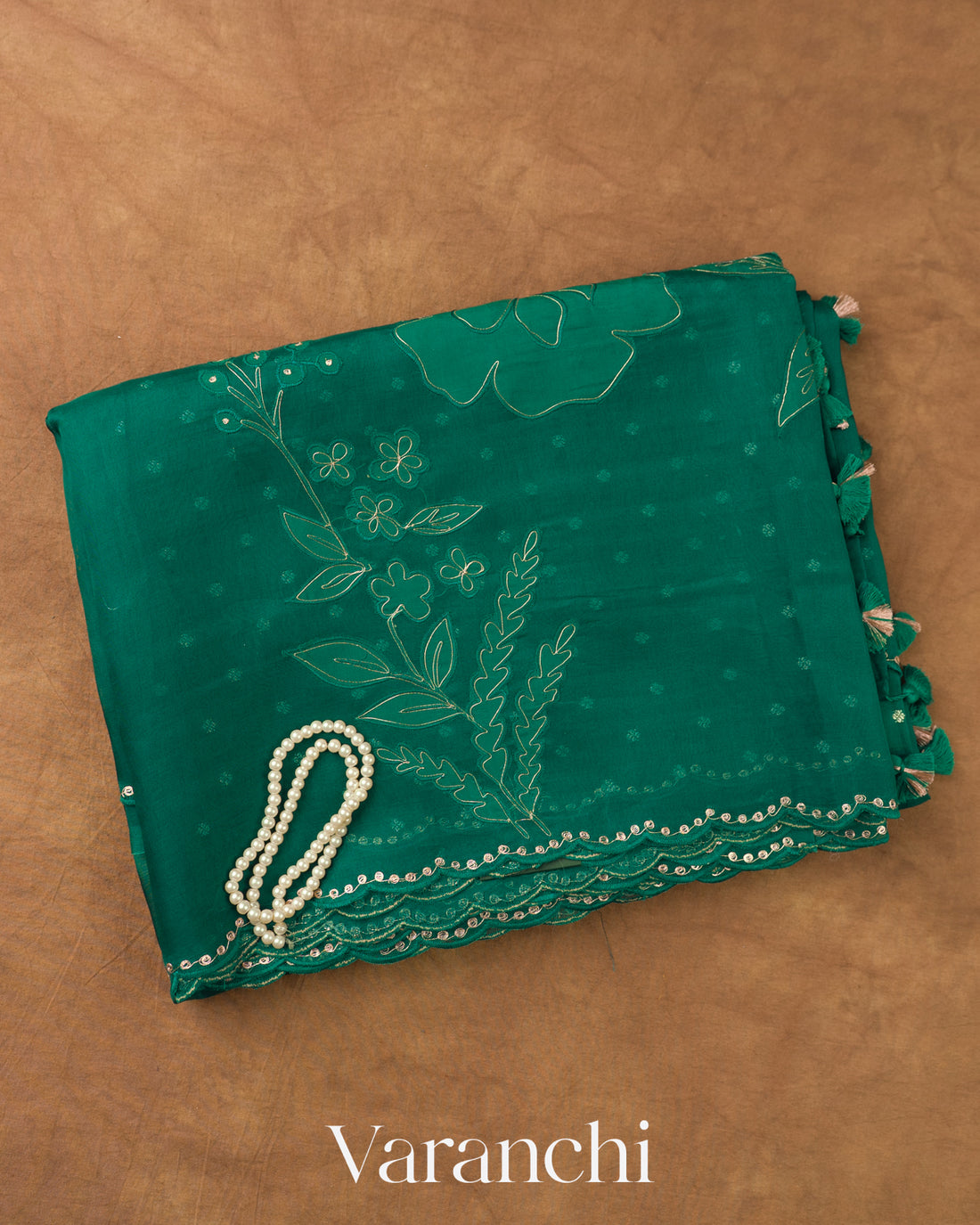 Emerald Green Floral Applique Pure Kora Silk Saree