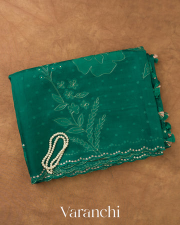 Emerald Green Floral Applique Pure Kora Silk Saree