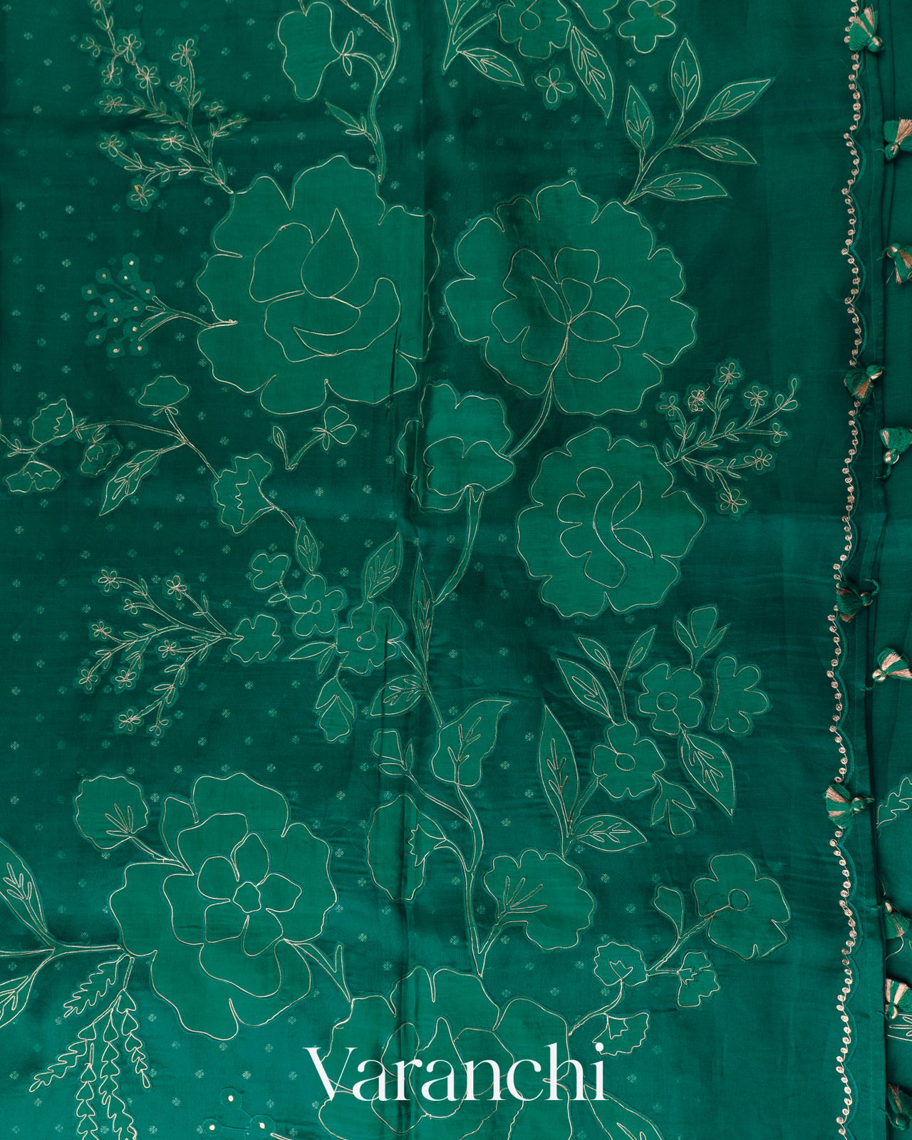 Emerald Green Floral Applique Pure Kora Silk Saree