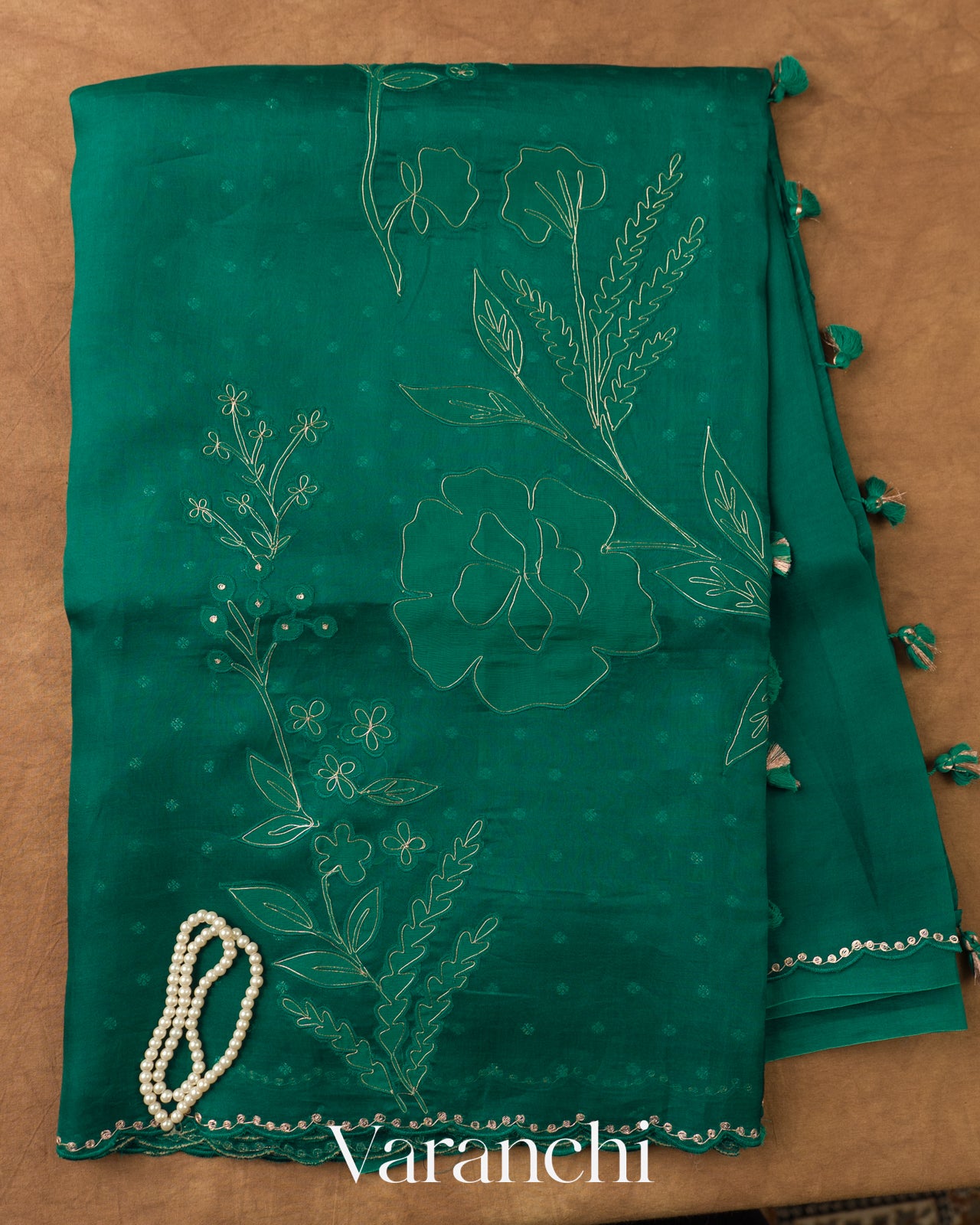 Emerald Green Floral Applique Pure Kora Silk Saree