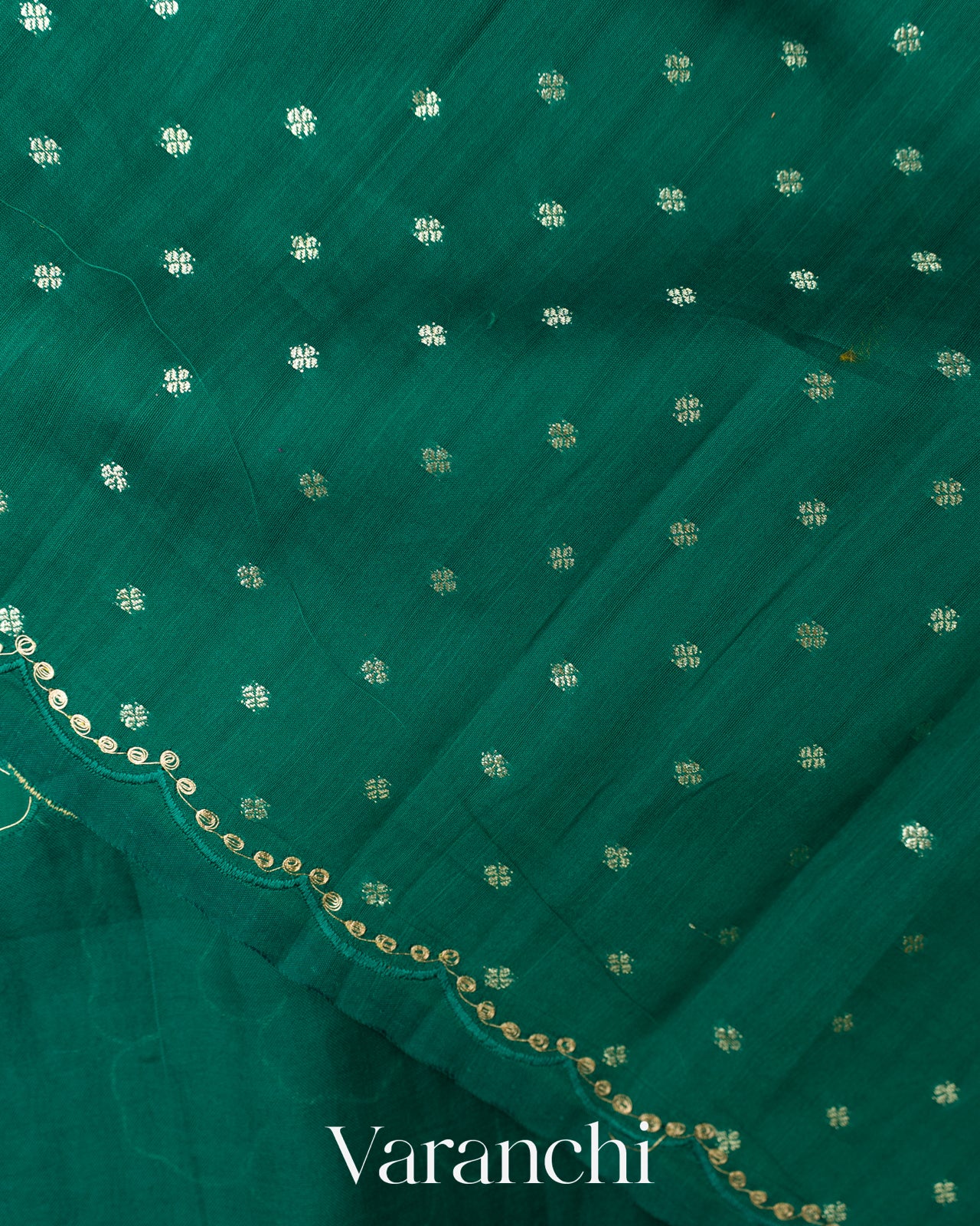 Emerald Green Floral Applique Pure Kora Silk Saree