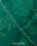 Emerald Green Floral Applique Pure Kora Silk Saree