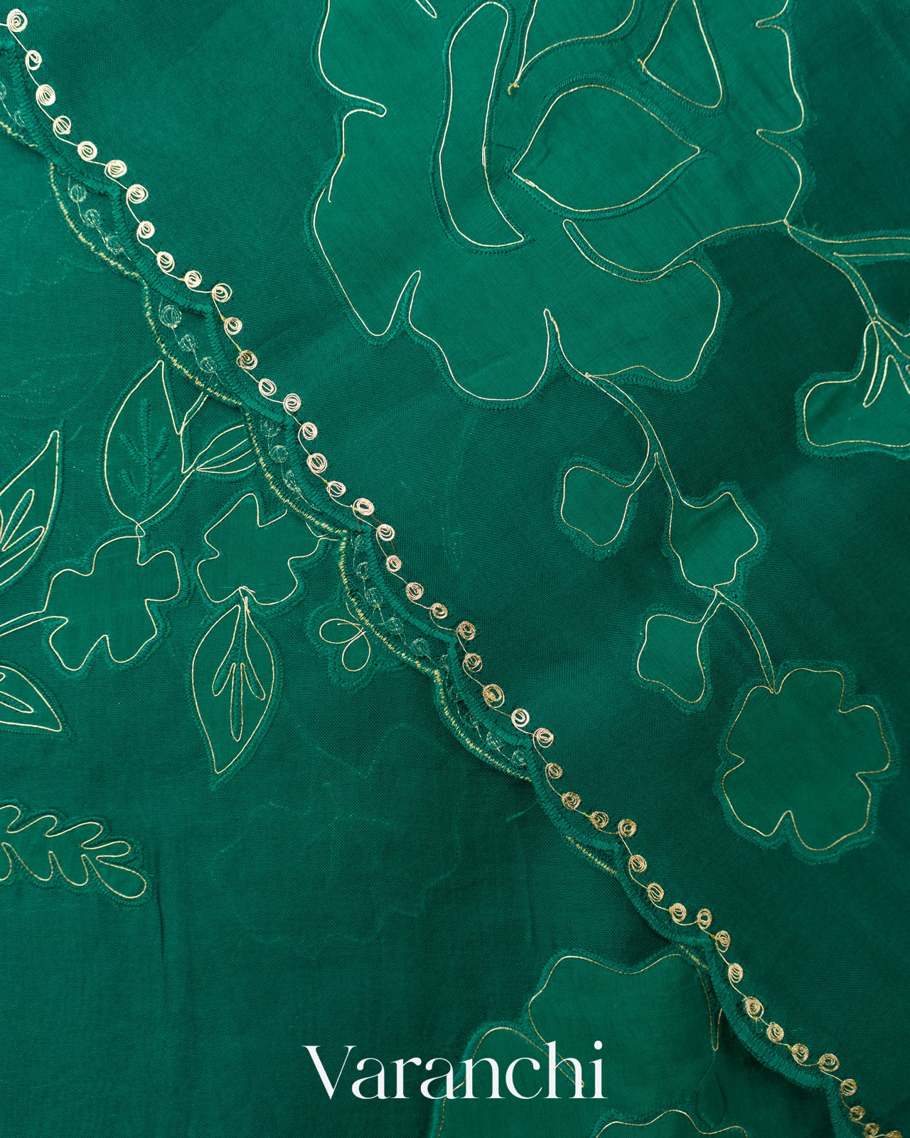 Emerald Green Floral Applique Pure Kora Silk Saree