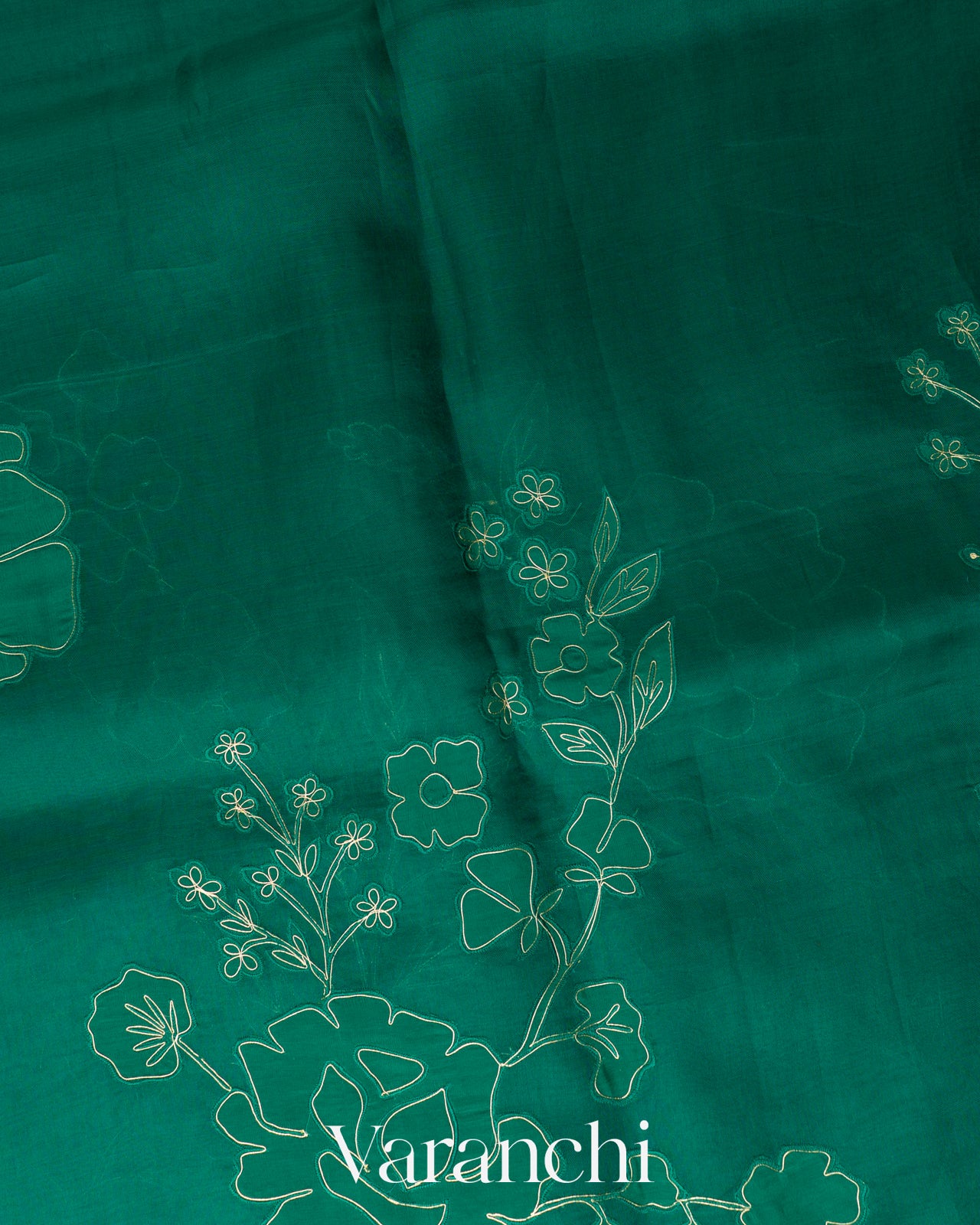 Emerald Green Floral Applique Pure Kora Silk Saree