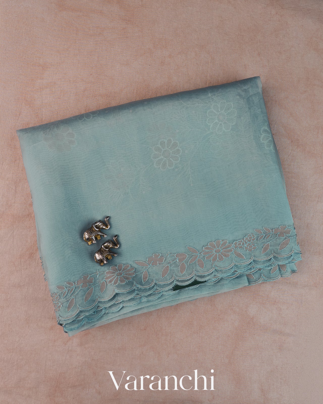 Sea Blue Floral Embroidered Pure Kora Silk Saree