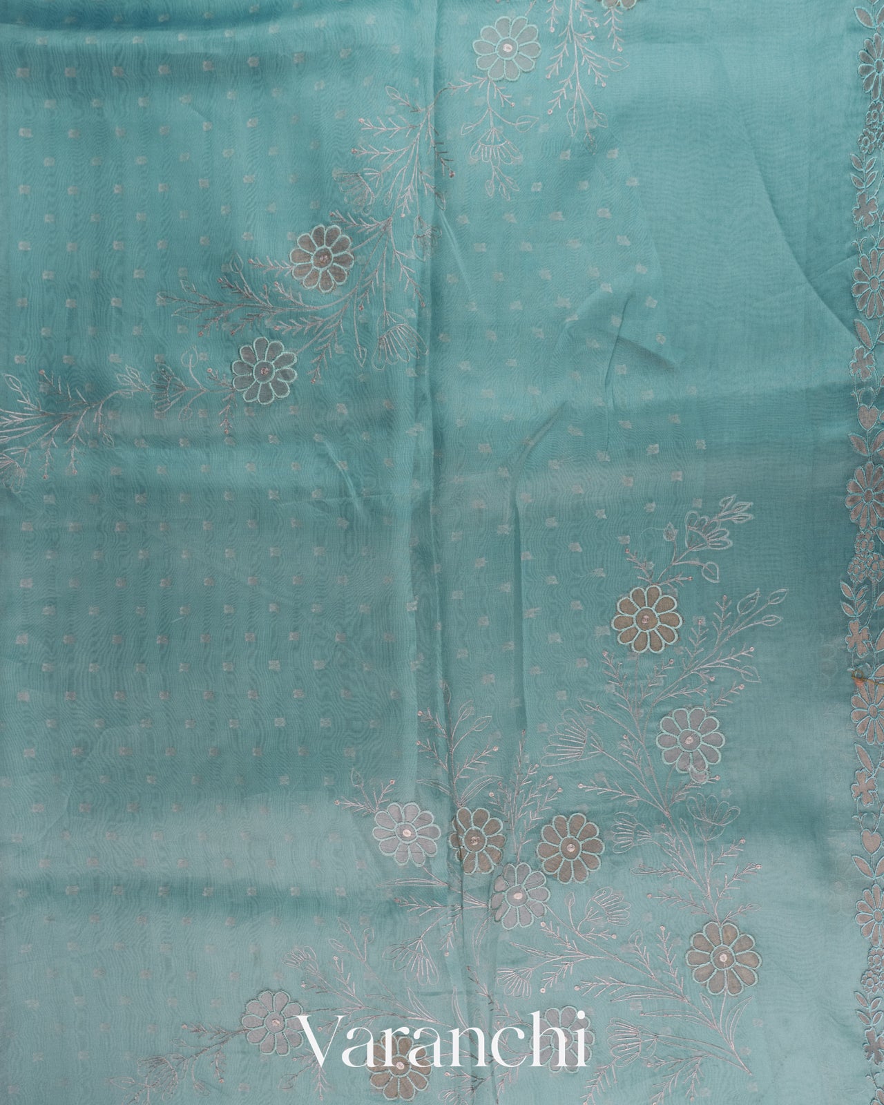 Sea Blue Floral Embroidered Pure Kora Silk Saree