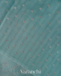Sea Blue Floral Embroidered Pure Kora Silk Saree