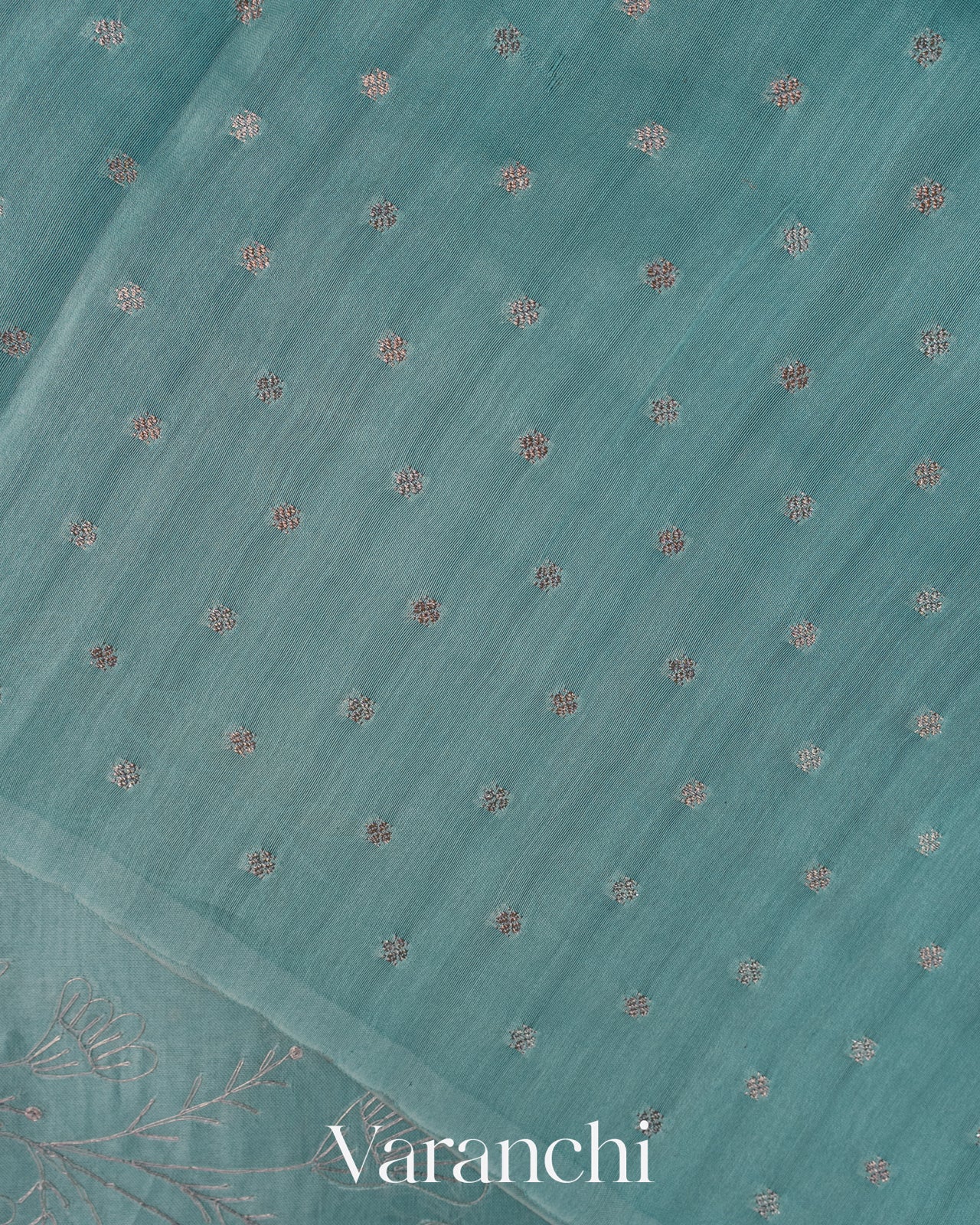 Sea Blue Floral Embroidered Pure Kora Silk Saree