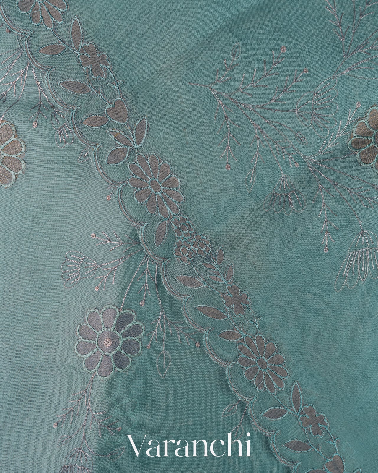 Sea Blue Floral Embroidered Pure Kora Silk Saree