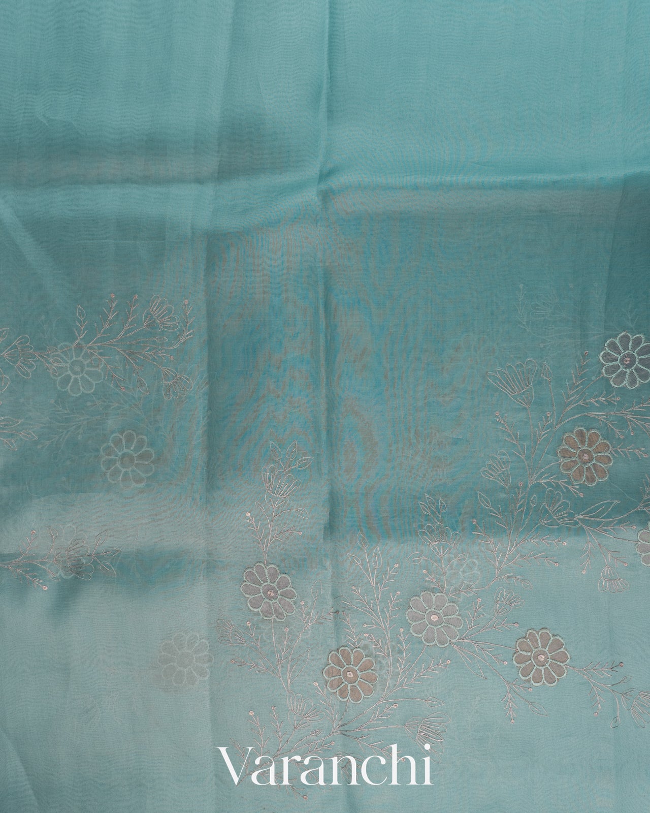 Sea Blue Floral Embroidered Pure Kora Silk Saree