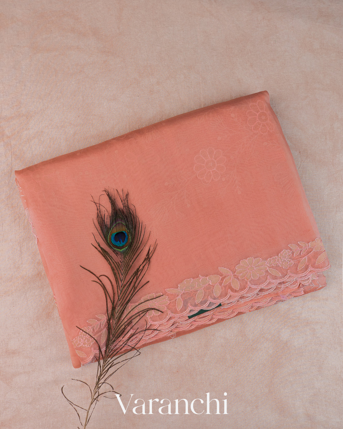 Peach Floral Embroidered Pure Kora Silk Saree