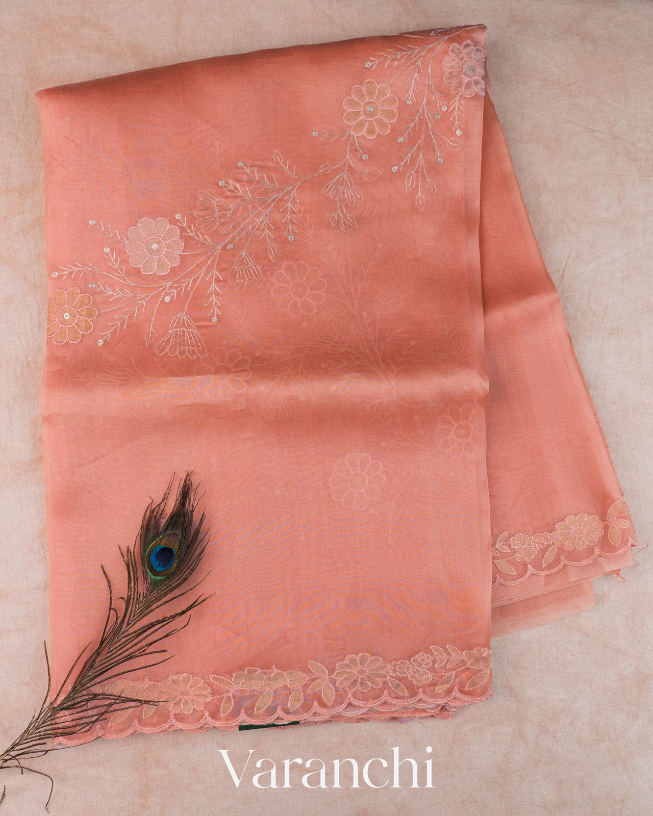 Peach Floral Embroidered Pure Kora Silk Saree