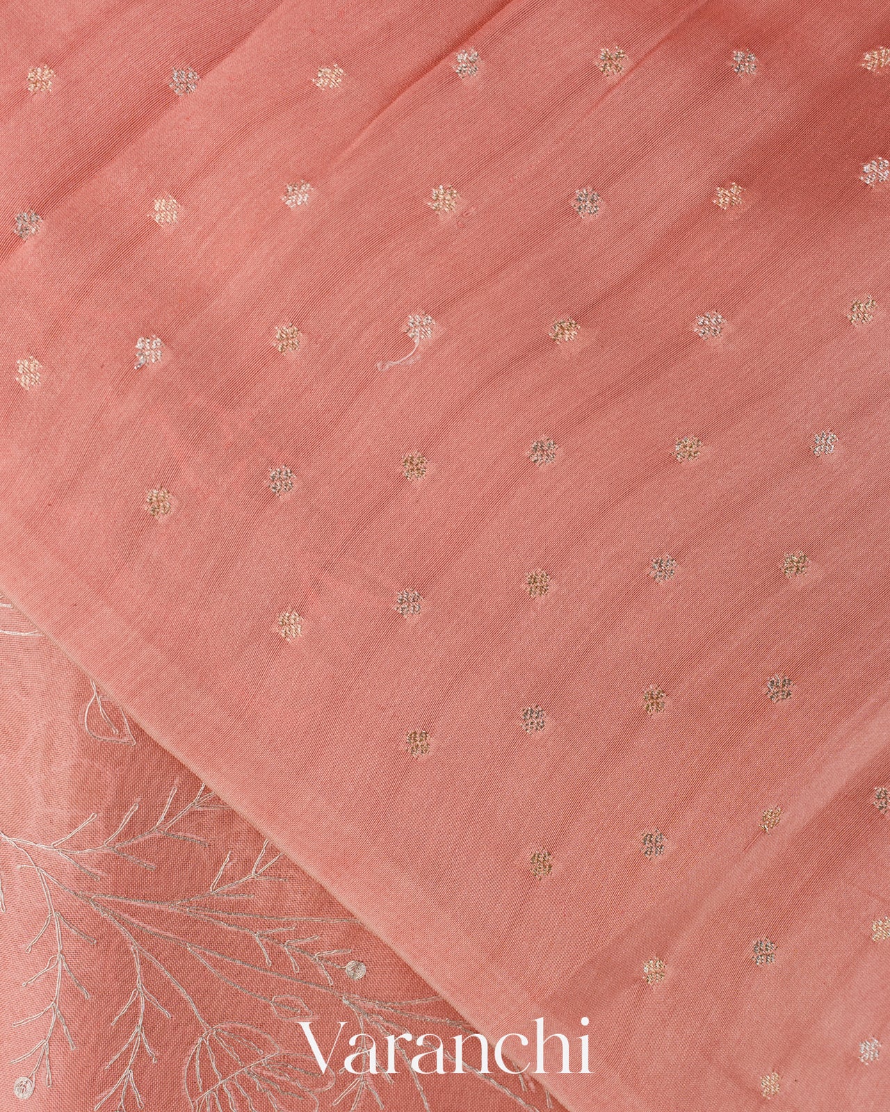 Peach Floral Embroidered Pure Kora Silk Saree