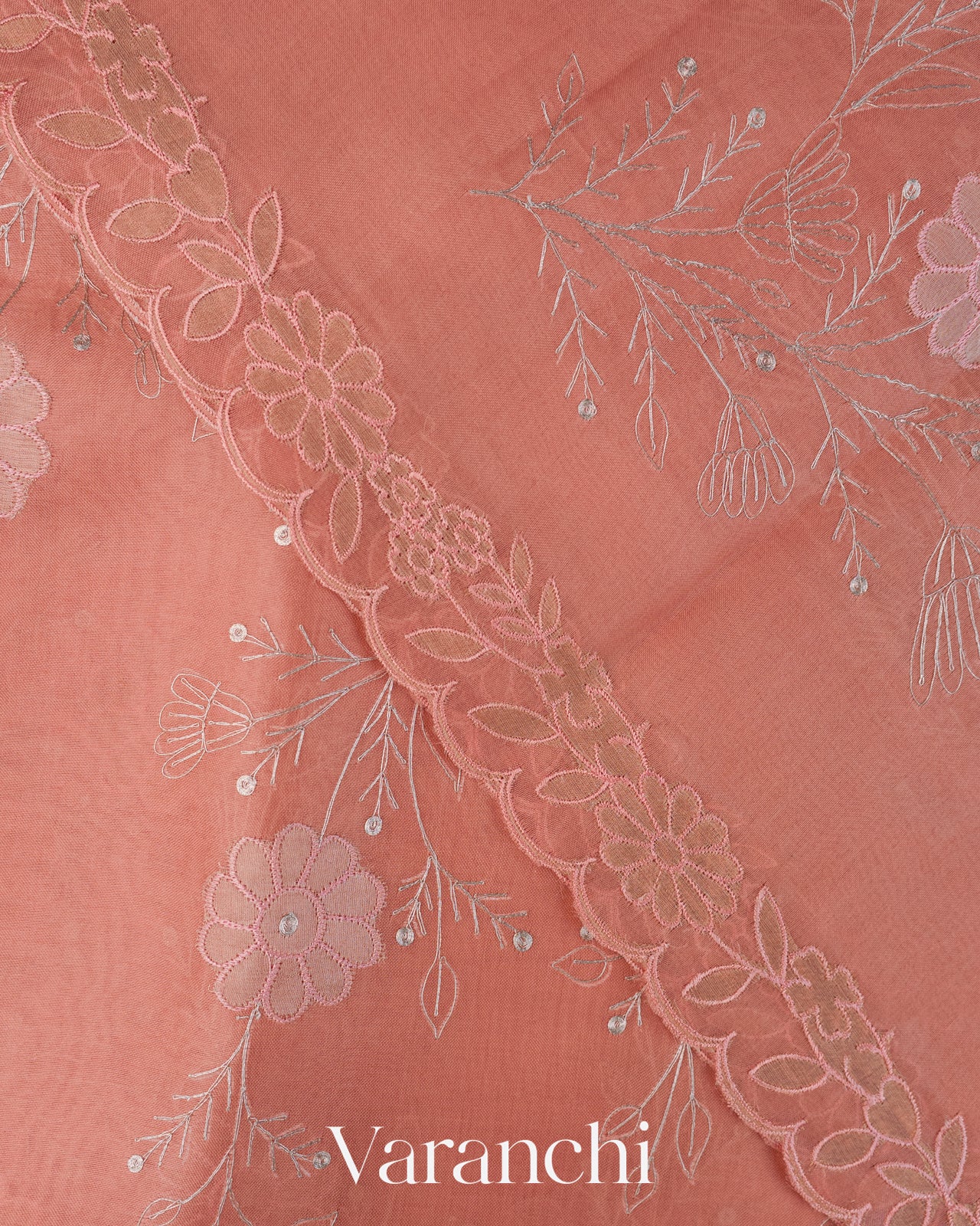 Peach Floral Embroidered Pure Kora Silk Saree