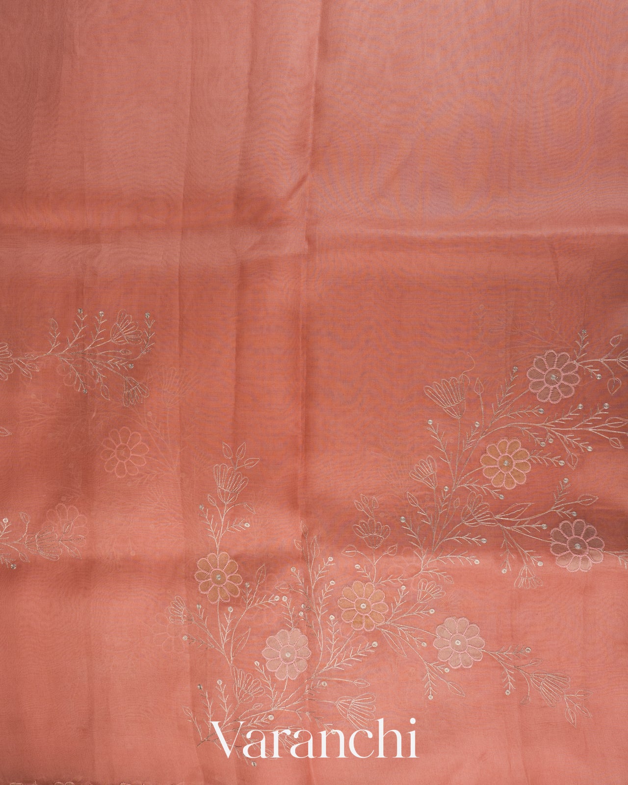 Peach Floral Embroidered Pure Kora Silk Saree