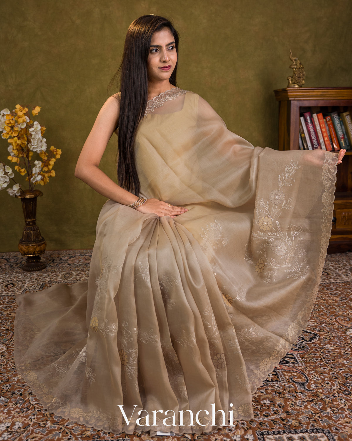 Mushroom Beige Floral Tissue Applique Pure Kora Silk Saree