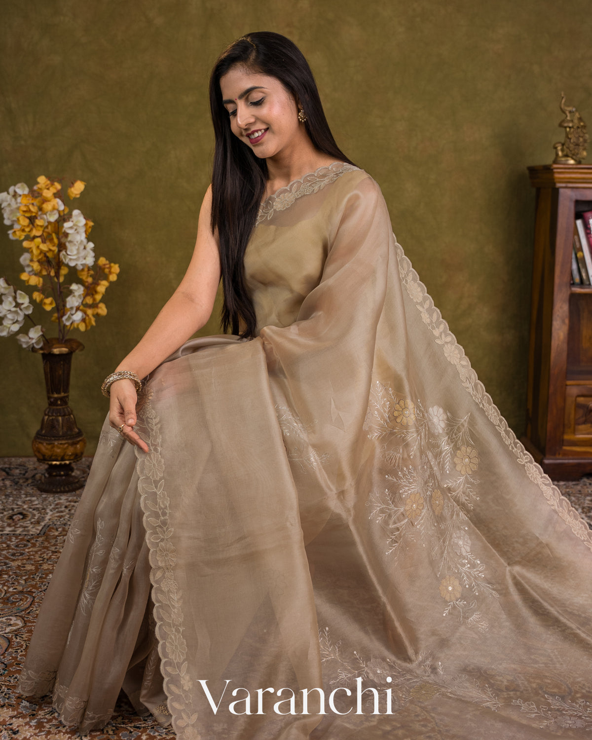 Mushroom Beige Floral Tissue Applique Pure Kora Silk Saree