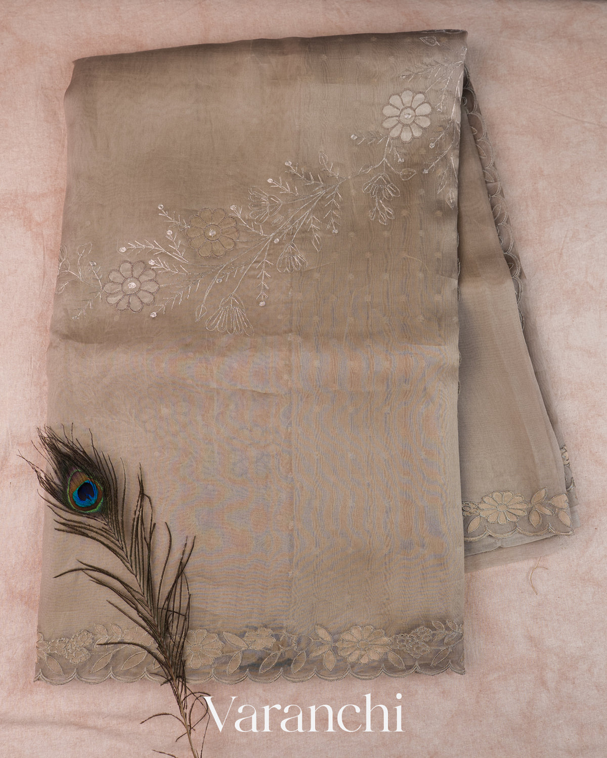 Mushroom Beige Floral Tissue Applique Pure Kora Silk Saree