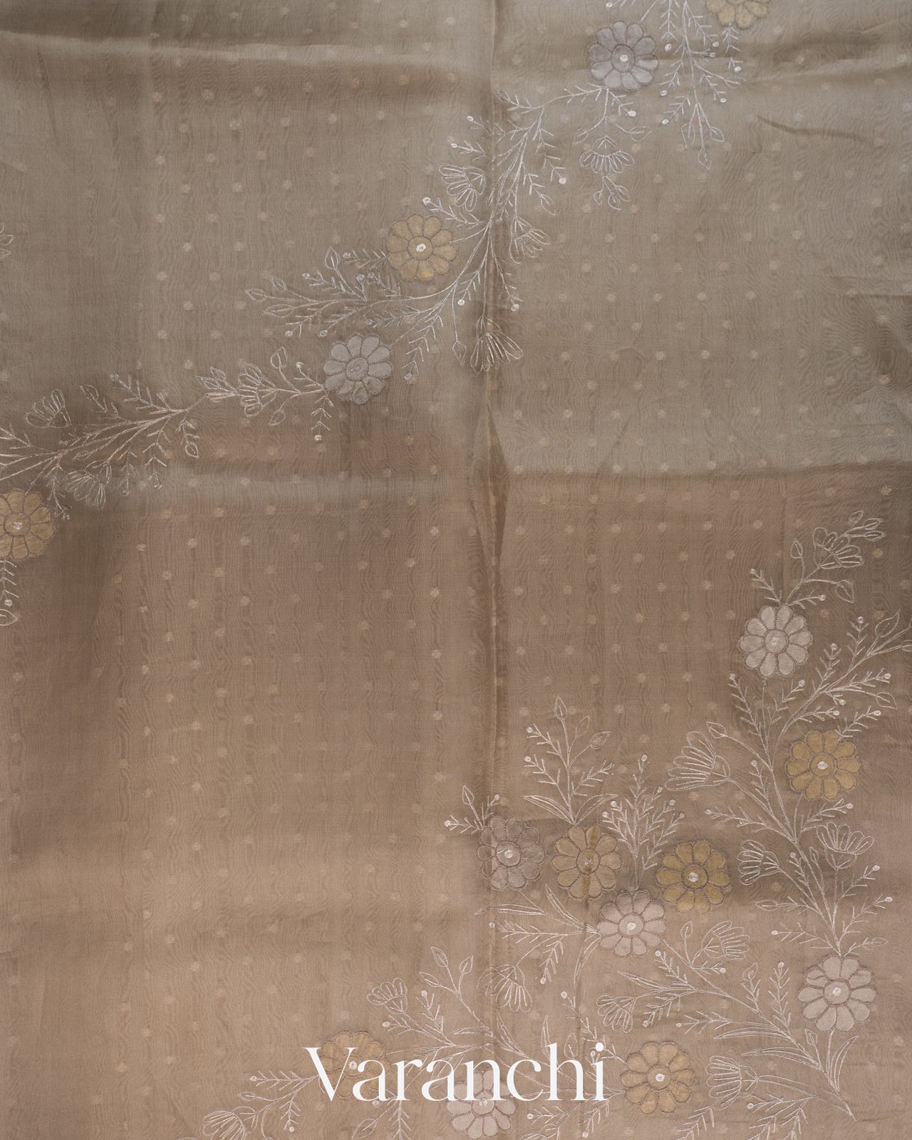 Mushroom Beige Floral Embroidered Pure Kora Silk Saree