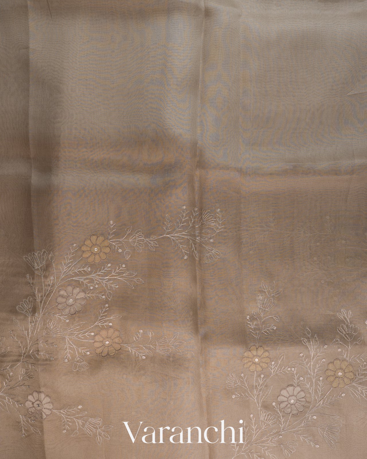 Mushroom Beige Floral Embroidered Pure Kora Silk Saree