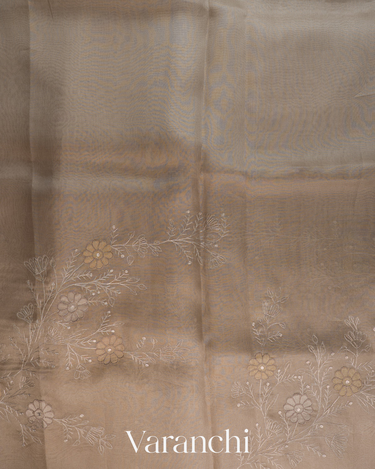 Mushroom Beige Floral Tissue Applique Pure Kora Silk Saree
