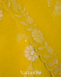 Lime Yellow Floral Scallop Embroidered Pure Kora Silk Saree