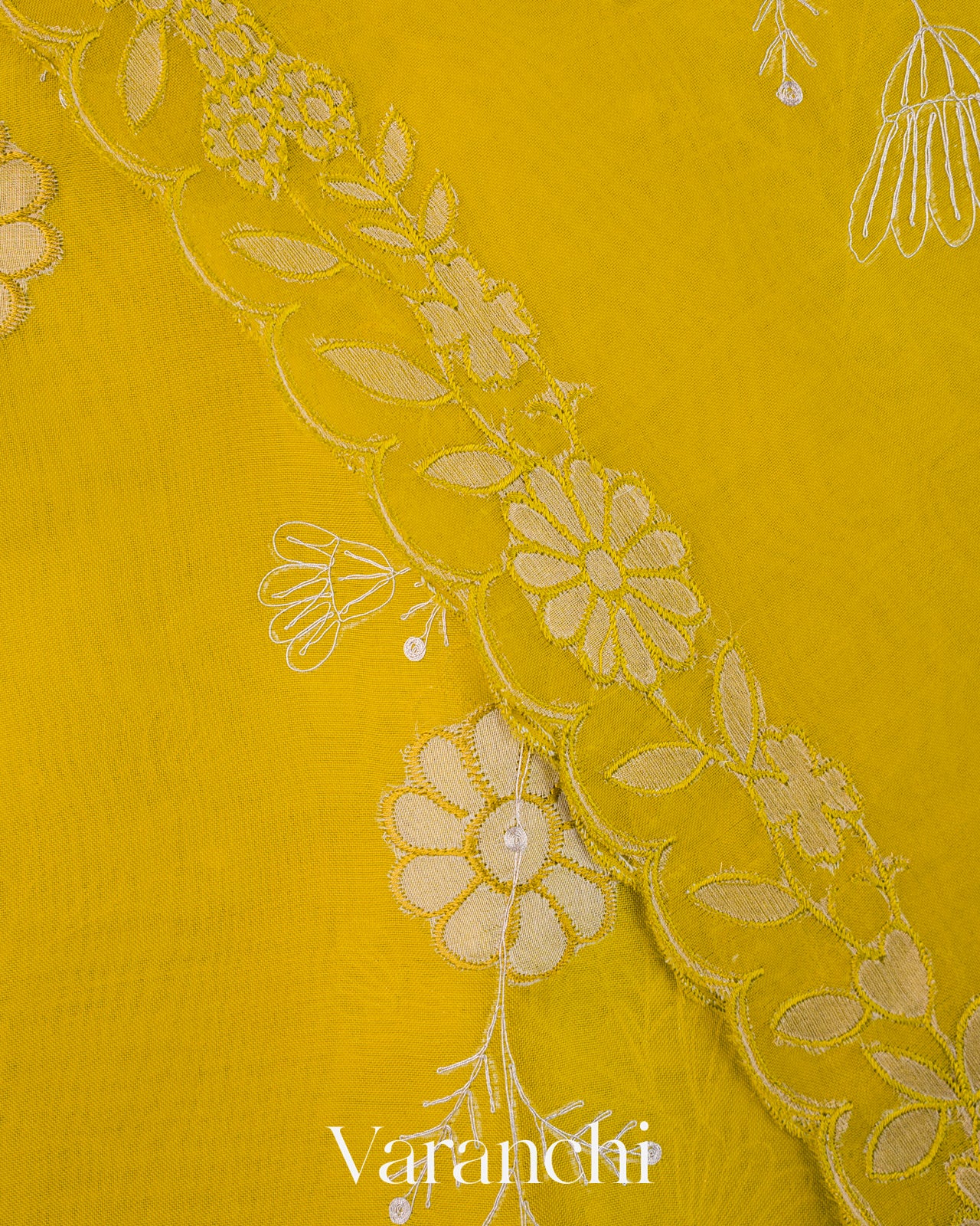 Lime Yellow Floral Scallop Embroidered Pure Kora Silk Saree