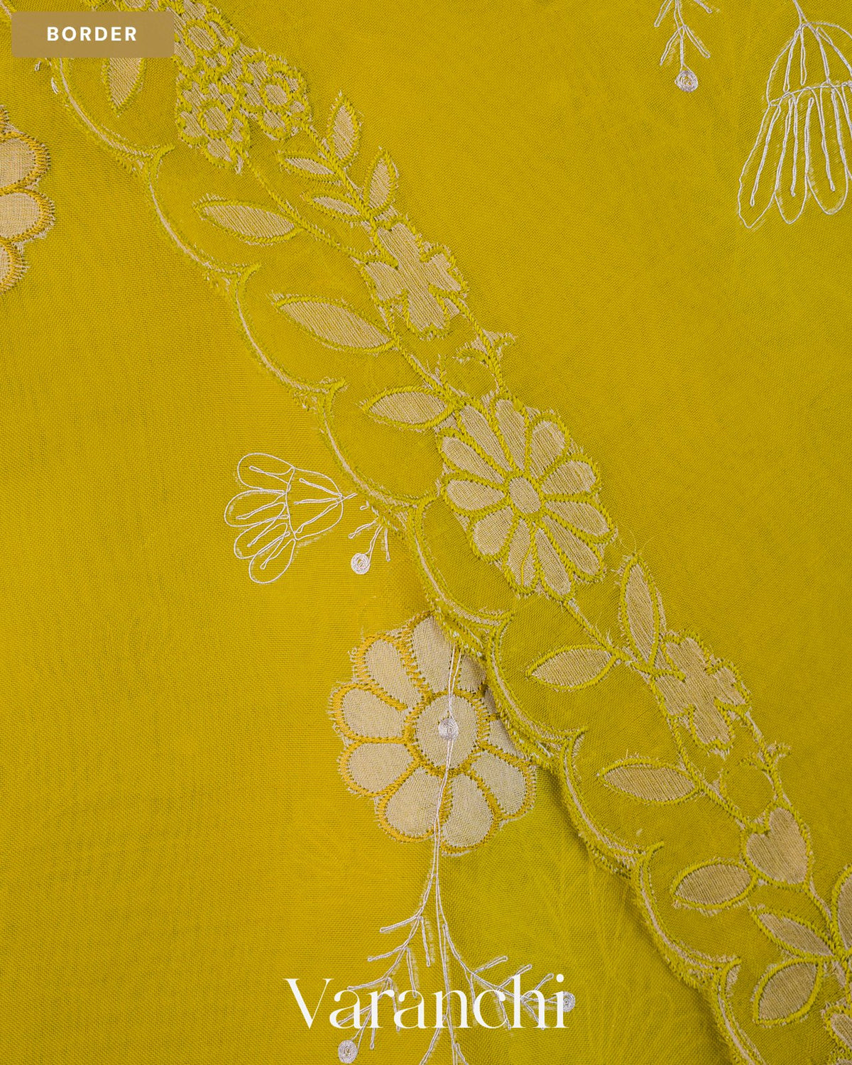 Lime Yellow Floral Tissue Applique Pure Kora Silk Saree — Border