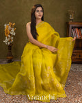 Lime Yellow Floral Tissue Applique Pure Kora Silk Saree — Draped