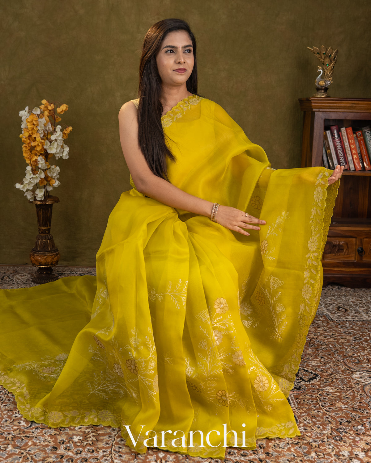 Lime Yellow Floral Tissue Applique Pure Kora Silk Saree — Draped